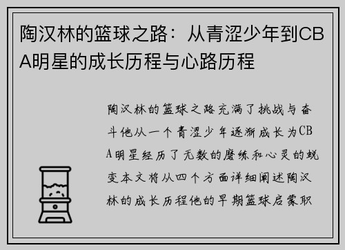 陶汉林的篮球之路：从青涩少年到CBA明星的成长历程与心路历程