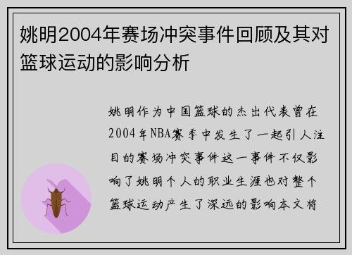 姚明2004年赛场冲突事件回顾及其对篮球运动的影响分析