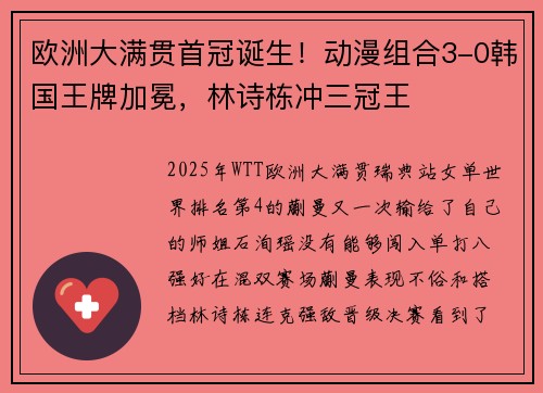 欧洲大满贯首冠诞生！动漫组合3-0韩国王牌加冕，林诗栋冲三冠王